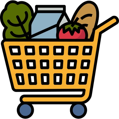 Ilustración de un carrito de la compra con verduras, fruta y pan